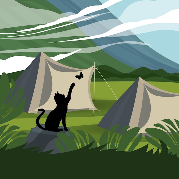 Vector paisaje con gato sobre fondo de piedra ilustración vectorial