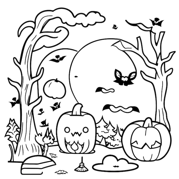 paisaje de halloween con decoraciones y fantasmas ilustración vectorial de línea de arte