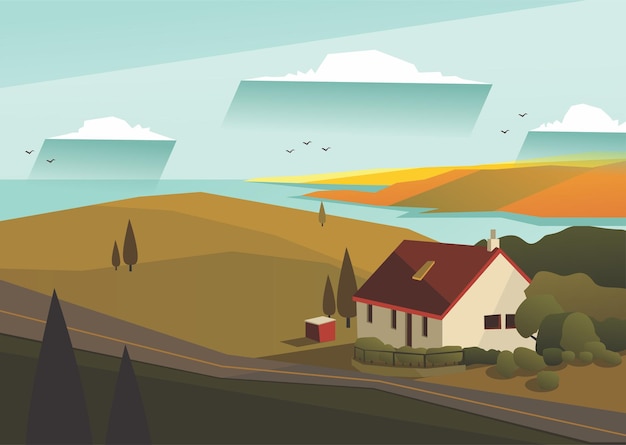 Vector paisaje de hermosa casa de vacaciones ilustración vectorial de fondo natural y rústico para cartel banner tarjeta folleto o cubierta