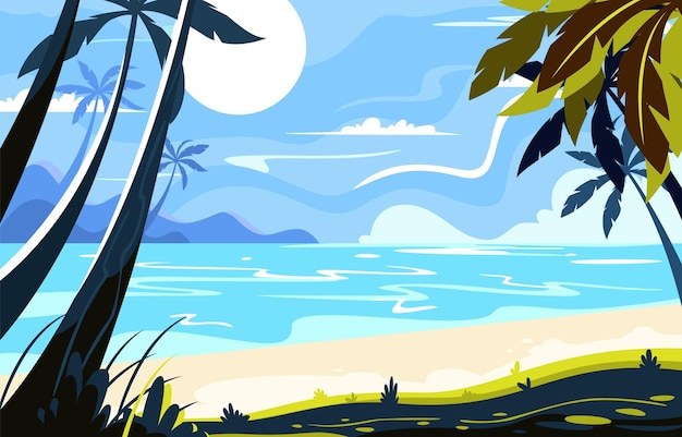 Vector paisaje hermoso de la playa de la mañana plana