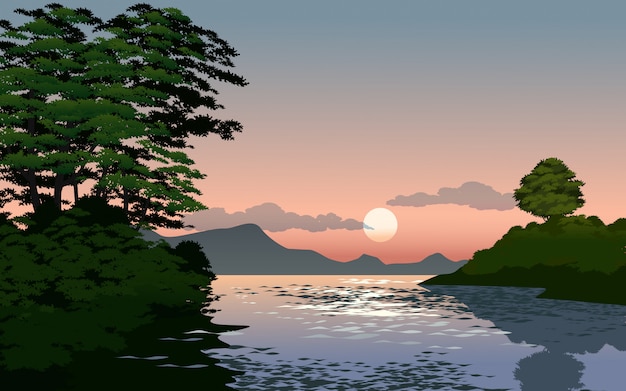 Paisaje hermoso vector con río