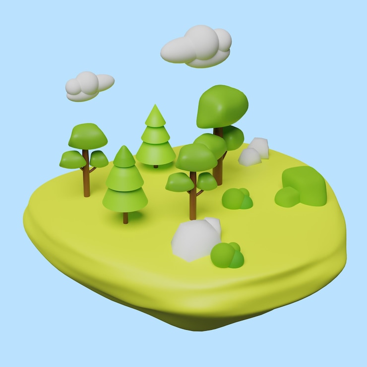 Vector paisaje con hierba verde árboles horizonte del cielo y montañas concepto de naturaleza objeto 3d realista