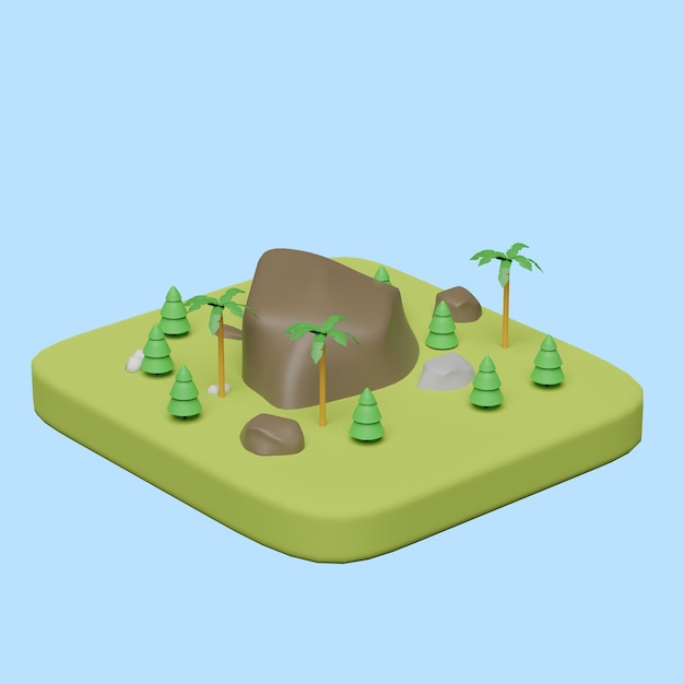 Vector paisaje con hierba verde árboles horizonte del cielo y montañas concepto de naturaleza objeto 3d realista