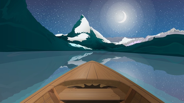 Vector paisaje horizontal nocturno con un barco en el lago.