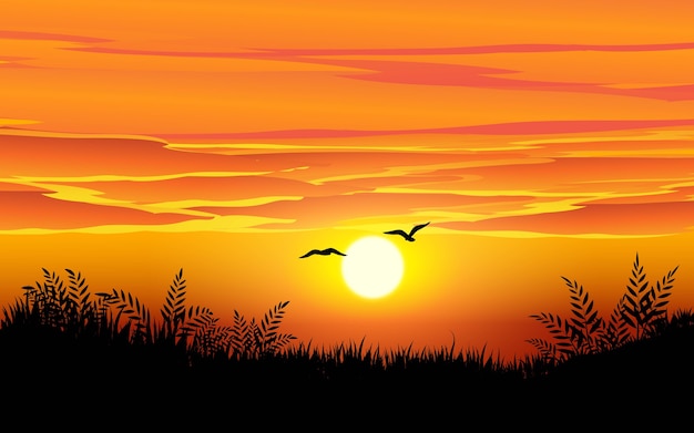 Vector paisaje de horizonte al atardecer con aves