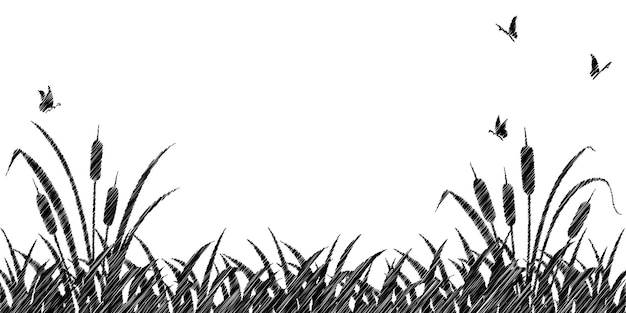 Paisaje húmedo silueta cola de gato con hierba y mariposas en estilo grunge