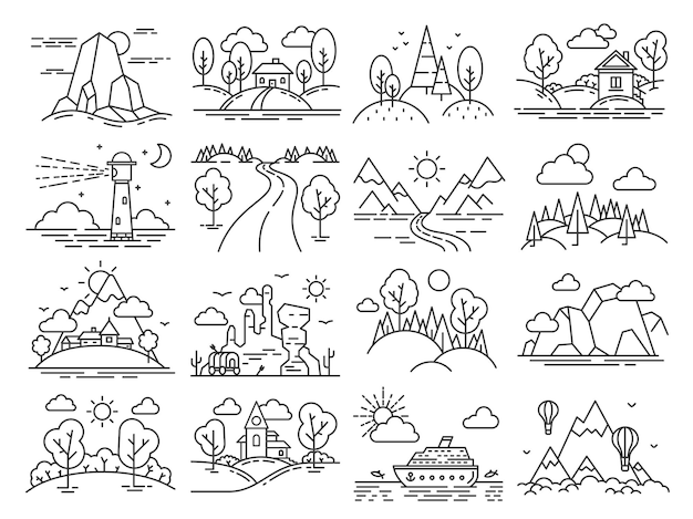 Paisaje de icono de línea. Cabina de contorno en bosque, montaña, mar lineal, globos de aire en cielo y faro. Conjunto de vectores de turismo de país de naturaleza. Ilustración naturaleza bosque, montaña natural y faro.