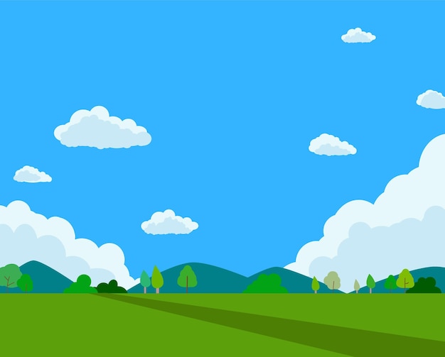 Paisaje idílico de dibujos animados con cielo azul y campos verdes
