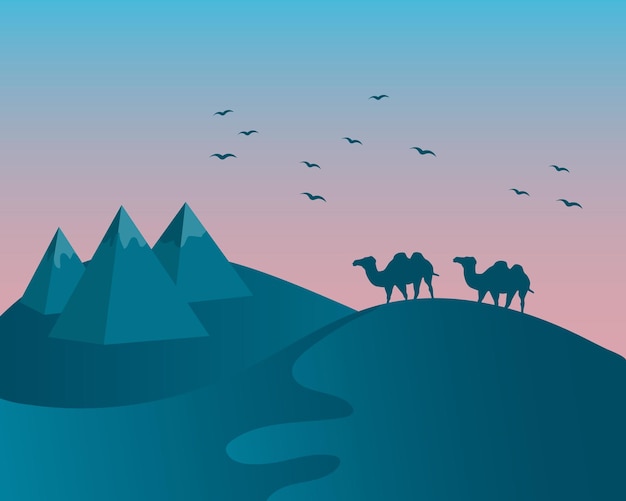 Paisaje ilustración desierto pirámides egipcias camellos y pájaros en el fondo del atardecer