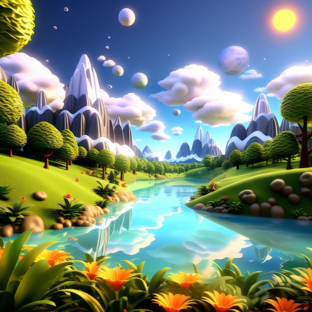 un paisaje con la ilustración del lago