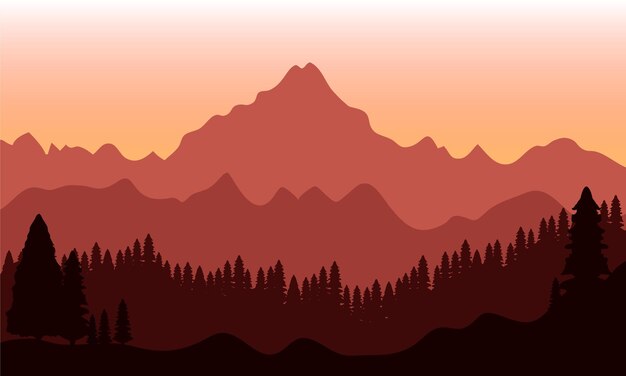 Vector paisaje con ilustración de silueta de montaña y pino