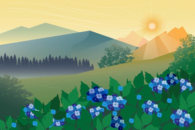 paisaje de ilustración vectorial con cartel de montaña y bosque