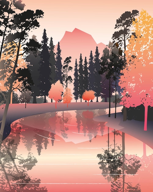 paisaje de ilustración vectorial con cartel de río y bosque