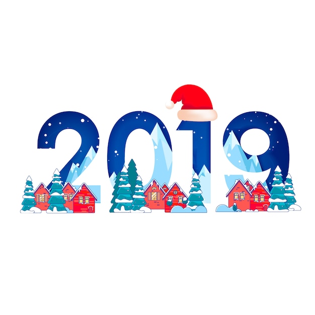 Paisaje invernal con abetos en la nieve y números 2019 para Feliz Año Nuevo