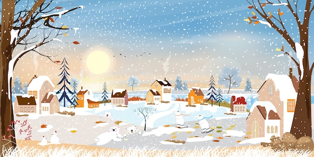 Paisaje invernal, celebrando la Navidad y el año nuevo en el pueblo por la noche con estrellas y cielo azul,