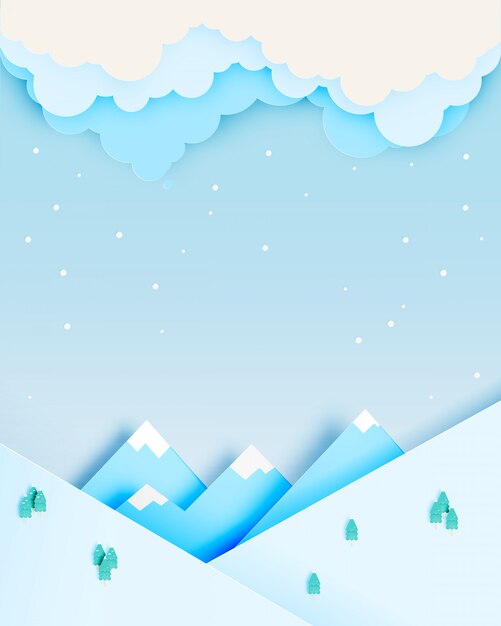 Paisaje invernal con estilo de arte en papel y esquema de colores pastel