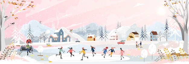 Paisaje invernal con gente divirtiéndose haciendo actividades al aire libre en el pueblo con celebración de personas, niños jugando patines de hielo, adolescentes esquiando con nieve cayendo