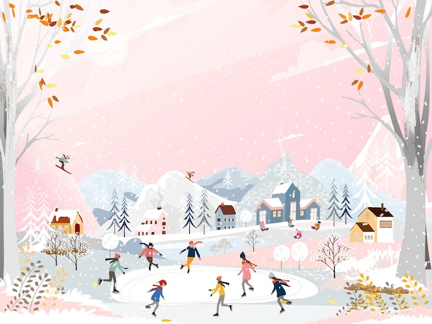 Paisaje invernal con gente divirtiéndose patinando.
