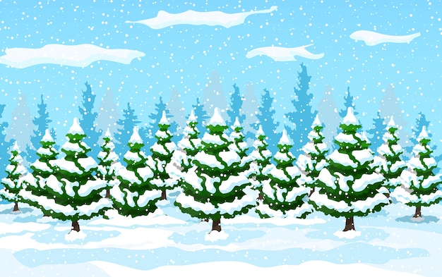 Paisaje invernal con pinos blancos en la colina de nieve. paisaje navideño con bosque de abetos y nevando. feliz año nuevo. vacaciones de navidad de año nuevo. estilo plano de ilustración vectorial