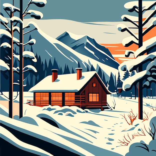 paisaje invernal con pinos y montañas en la noche ilustración vectorial