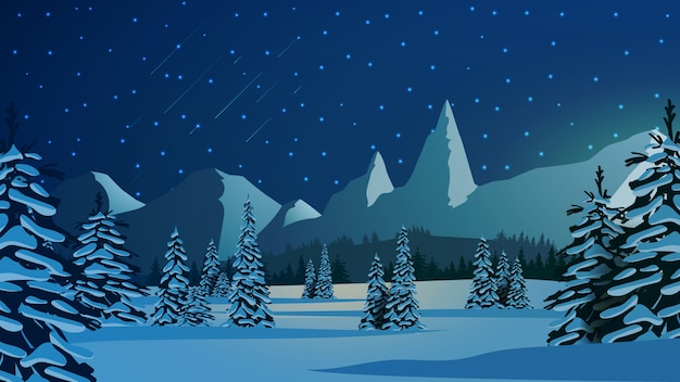 Paisaje invernal con pinos nevados, altas montañas en el horizonte y cielo azul estrellado