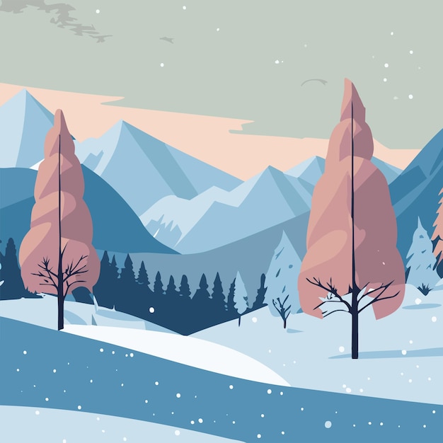 Vector paisaje de invierno con árboles montañas nieve