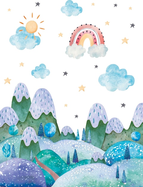 Paisaje de invierno árboles montañas nubes y estrellas ilustración infantil sobre un fondo blanco