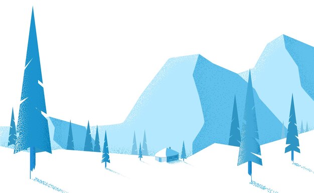 Paisaje de invierno azul con montañas y abetos