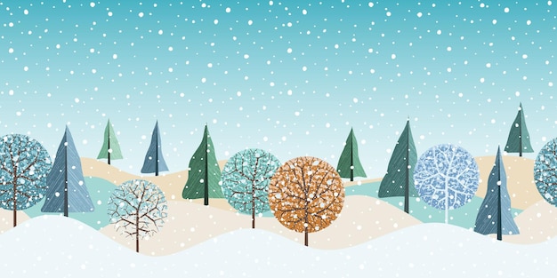 Paisaje de invierno caricatura naturaleza colinas con bosque y caída de nieve frontera sin fisuras