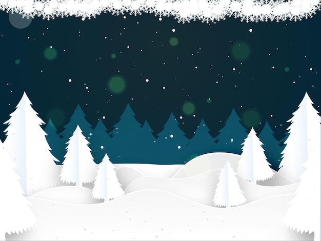 Paisaje de invierno de copo de nieve cortado en papel con fondo de árbol de navidad en color verde y blanco se puede usar como diseño de pancartas o carteles