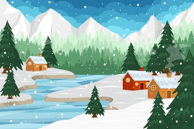 Vector paisaje de invierno de diseño plano dibujado a mano