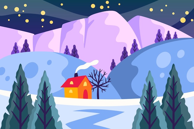 Vector paisaje de invierno de diseño plano dibujado a mano