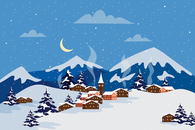 Vector paisaje de invierno de diseño plano con montañas en la noche