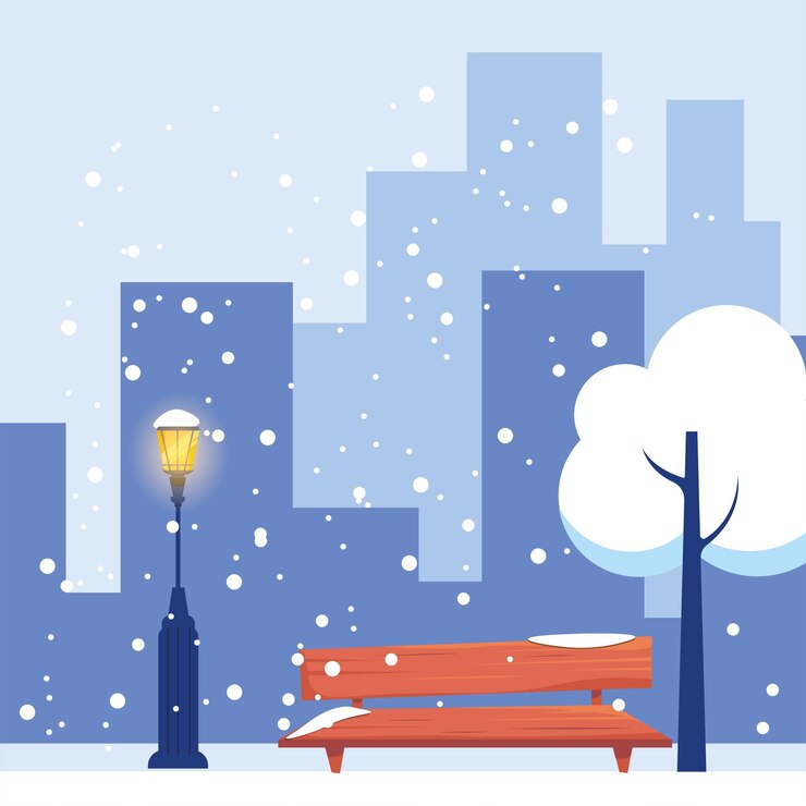 paisaje de invierno con edificios de nevadas árbol de banco de luz pública