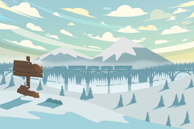Vector paisaje de invierno horizontal con montaña, tren y bosque