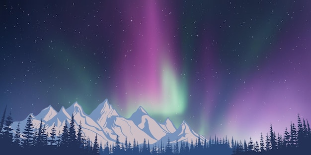 Paisaje de invierno con luces polares noche cielo estrellado vector de paisaje de montaña