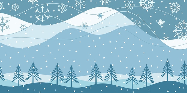 Paisaje de invierno minimalista dibujos animados naturaleza bosque y caída de nubes de nieve y copos de nieve