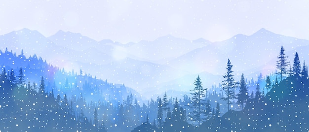 Paisaje de invierno montañas con bosque en la niebla ilustración de nevadas
