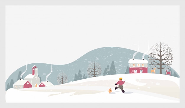 Paisaje de invierno de navidad con niños, nieve y ciervos