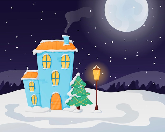 Paisaje de invierno de Navidad de noche con luna y nevadas. Una casa acogedora con luz en las ventanas, sembrada de nieve y ventisqueros.