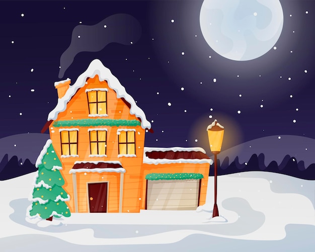 Paisaje de invierno de Navidad de noche con luna y nevadas. Una casa acogedora con luz en las ventanas, sembrada de nieve y ventisqueros.