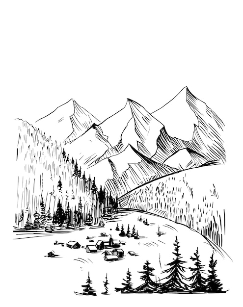 Paisaje de invierno. nieve, abeto, montañas. ilustración de arte lineal aislado sobre fondo blanco.