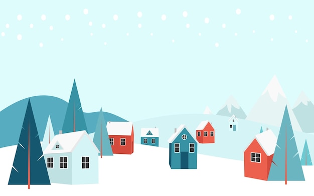 Paisaje de invierno nieve cálidas casas acogedoras y pinos vacaciones en una pequeña casa de pueblo hygge