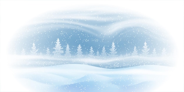 Paisaje de invierno, nieve que cae, bosque y ventisca, viñeta