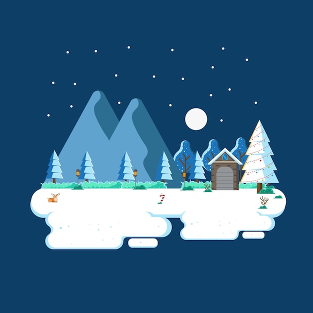 Paisaje de invierno en la noche con ilustración de diseño plano