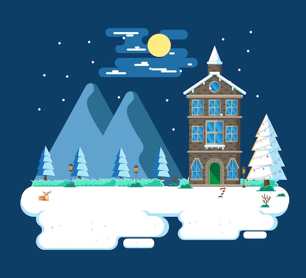 Paisaje de invierno en la noche con ilustración de diseño plano