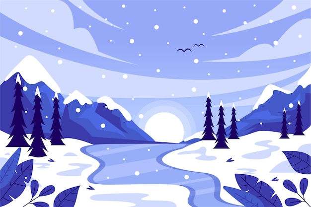 Vector paisaje de invierno plano dibujado a mano