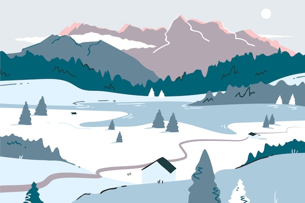 Vector paisaje de invierno plano dibujado a mano