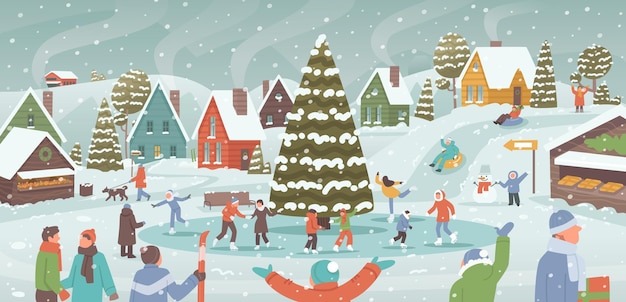 Paisaje de invierno en el pueblo La gente pasa tiempo al aire libre Navidad patinaje sobre hielo trineo_ai_generado