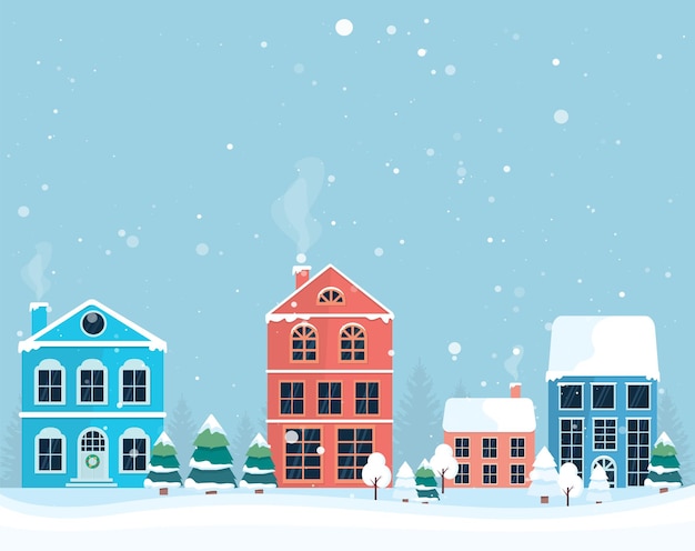 Paisaje de invierno. pueblo de navidad de invierno. casa colorida. ilustración vectorial